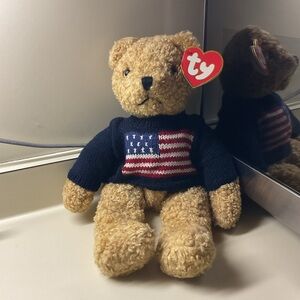 Ty “CURLY” Tan Teddy Bear 🧸 with Navy Blue Flag 🇺🇸 Sweater Independence Day